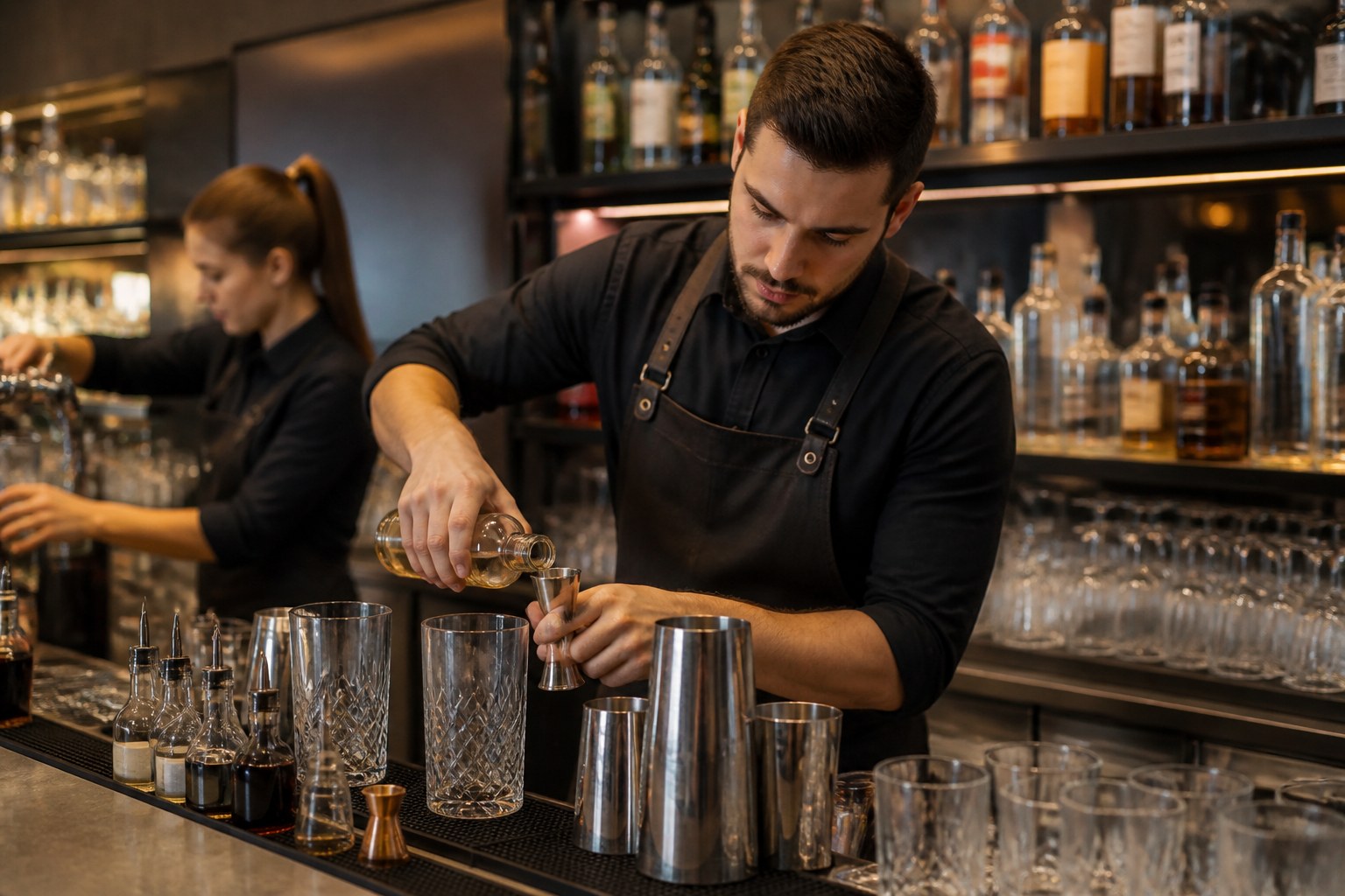 Barkeeper organisiert Gläser und Zutaten während des laufenden Services