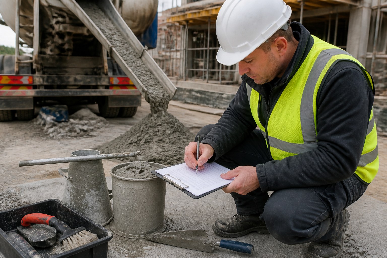 Baustoffprüfer bei der Entnahme einer Betonprobe auf einer Baustelle