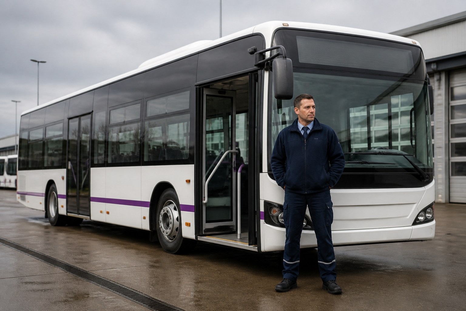 Professioneller Busfahrer neben einem Linienbus auf einem Betriebshof