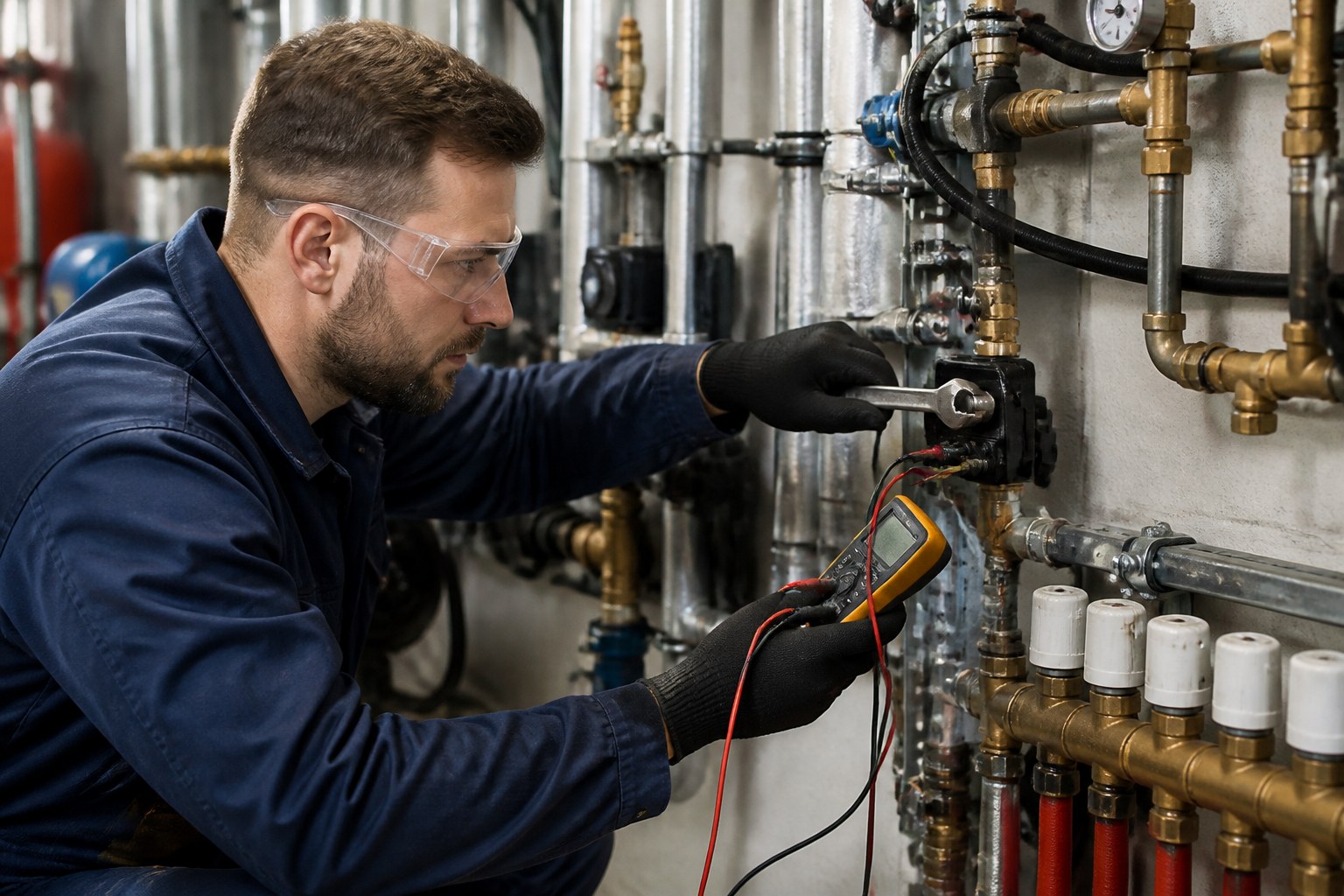 Haustechniker verwendet ein Handwerkzeug und ein Messgerät zur Prüfung verbundener Systemkomponenten