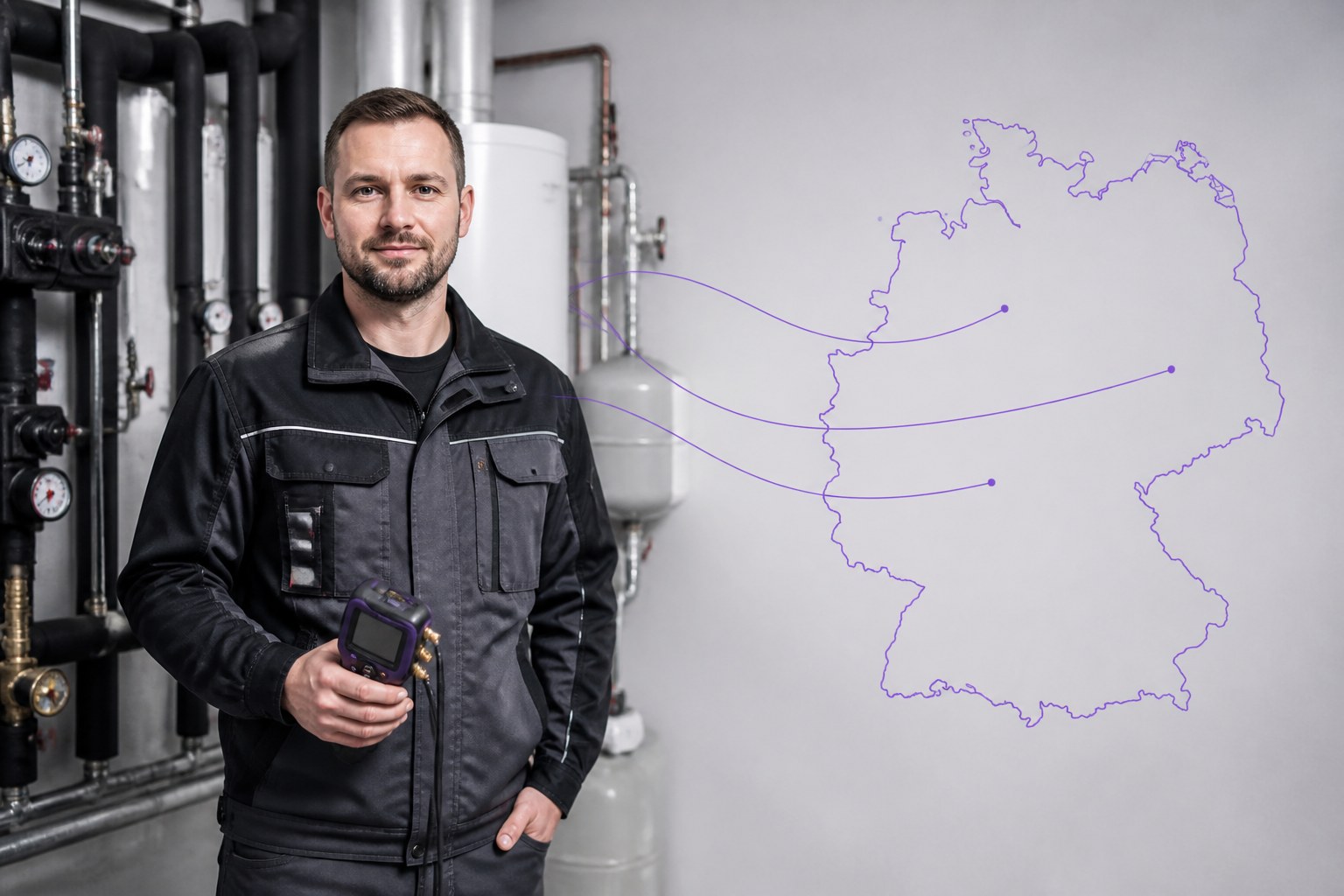 Qualifizierter Haustechniker neben einer vereinfachten Deutschlandkarte