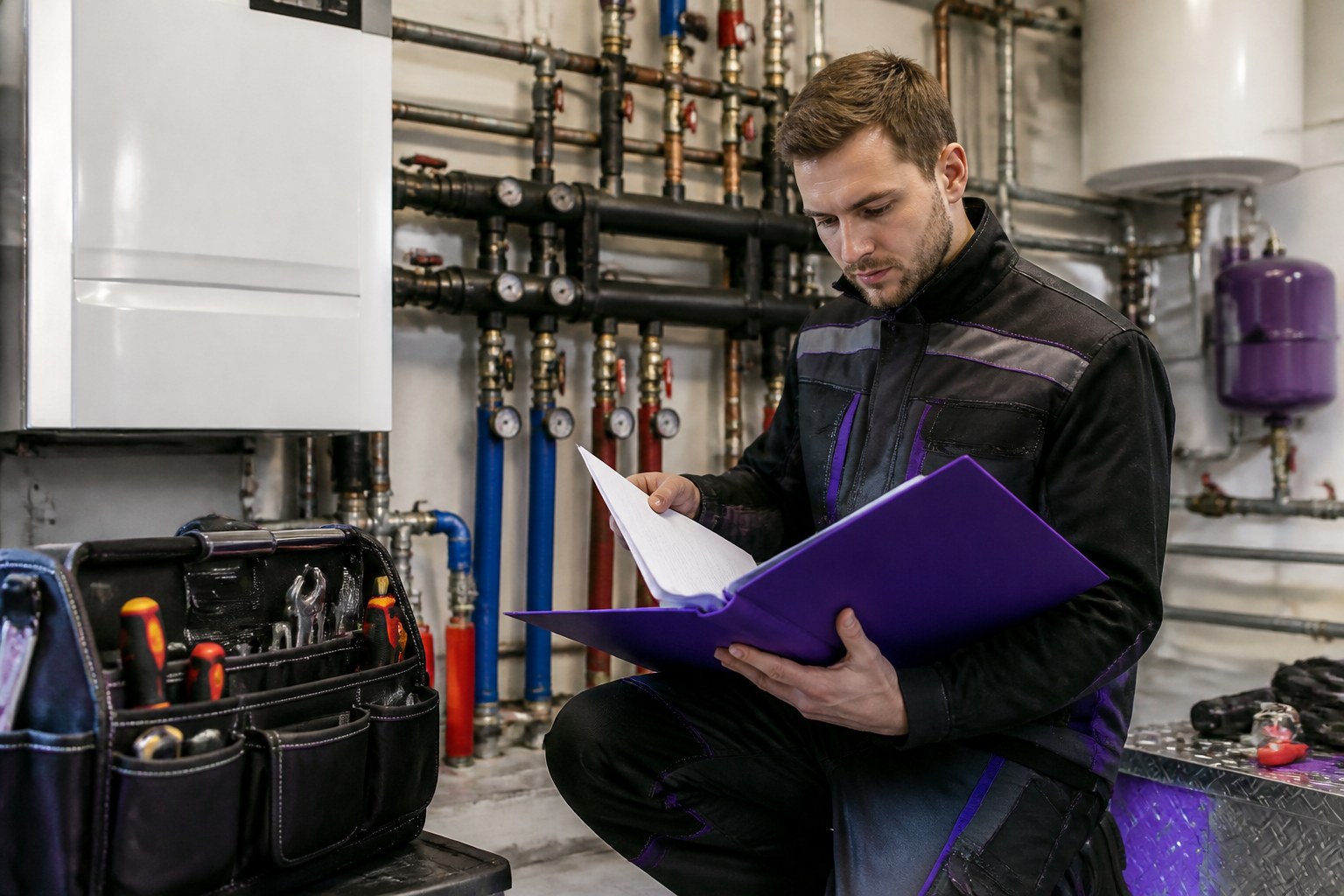 Heizungsinstallateur prüft Qualifikationsunterlagen neben professionellen Werkzeugen und fertiger Anlage