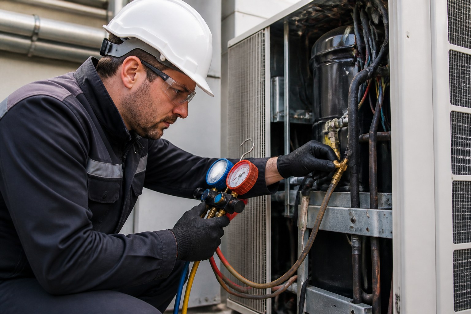 Techniker führt mit Messgeräten eine Diagnose an einer Klimaanlage durch