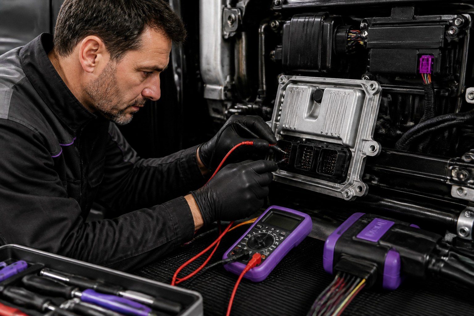 Kfz-Mechatroniker prüft elektrische Fahrzeugsysteme mit einem Multimeter