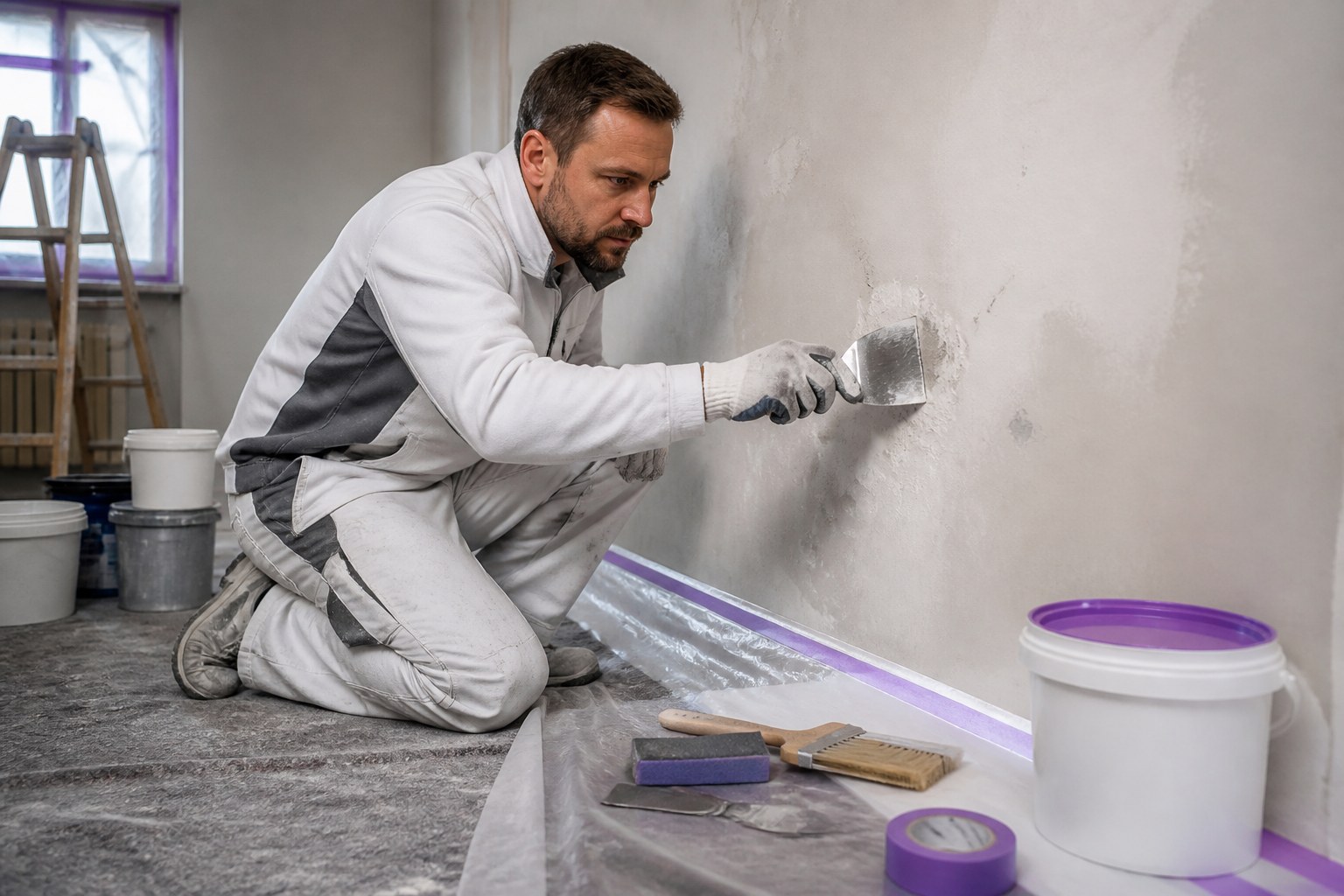 Maler prüft den Zustand einer Wand und bereitet eine Oberfläche vor dem Anstrich mit Handwerkzeugen vor