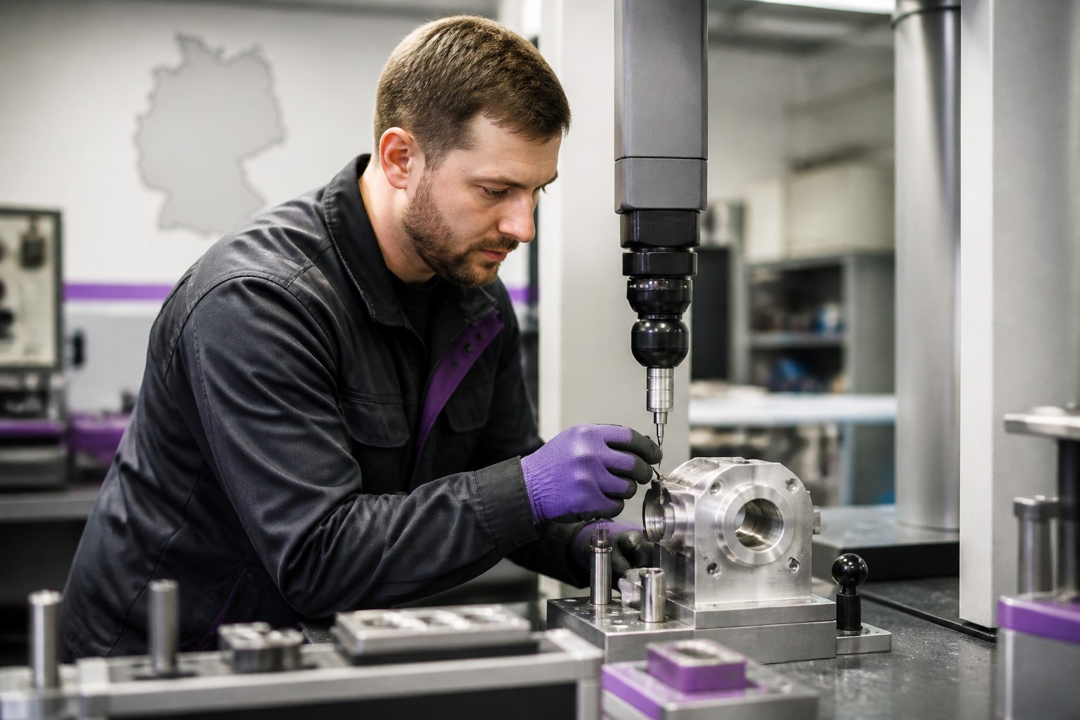 Mess- und Prüftechniker neben Prüfgeräten in einem deutschen Industrieumfeld