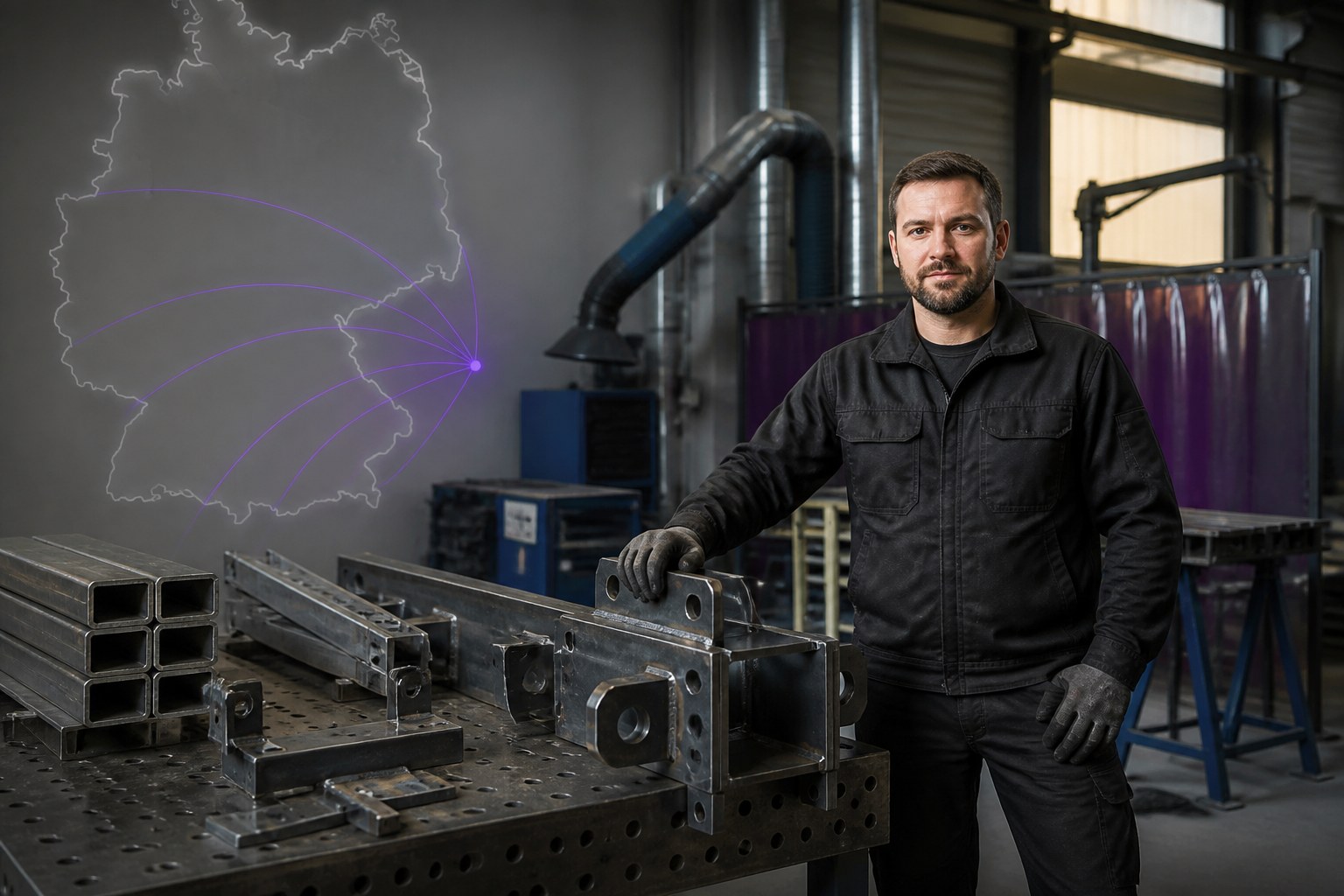 Metallbau-Fachkraft neben fertigen Stahlbauteilen mit einer dezenten Deutschlandkarte im Hintergrund