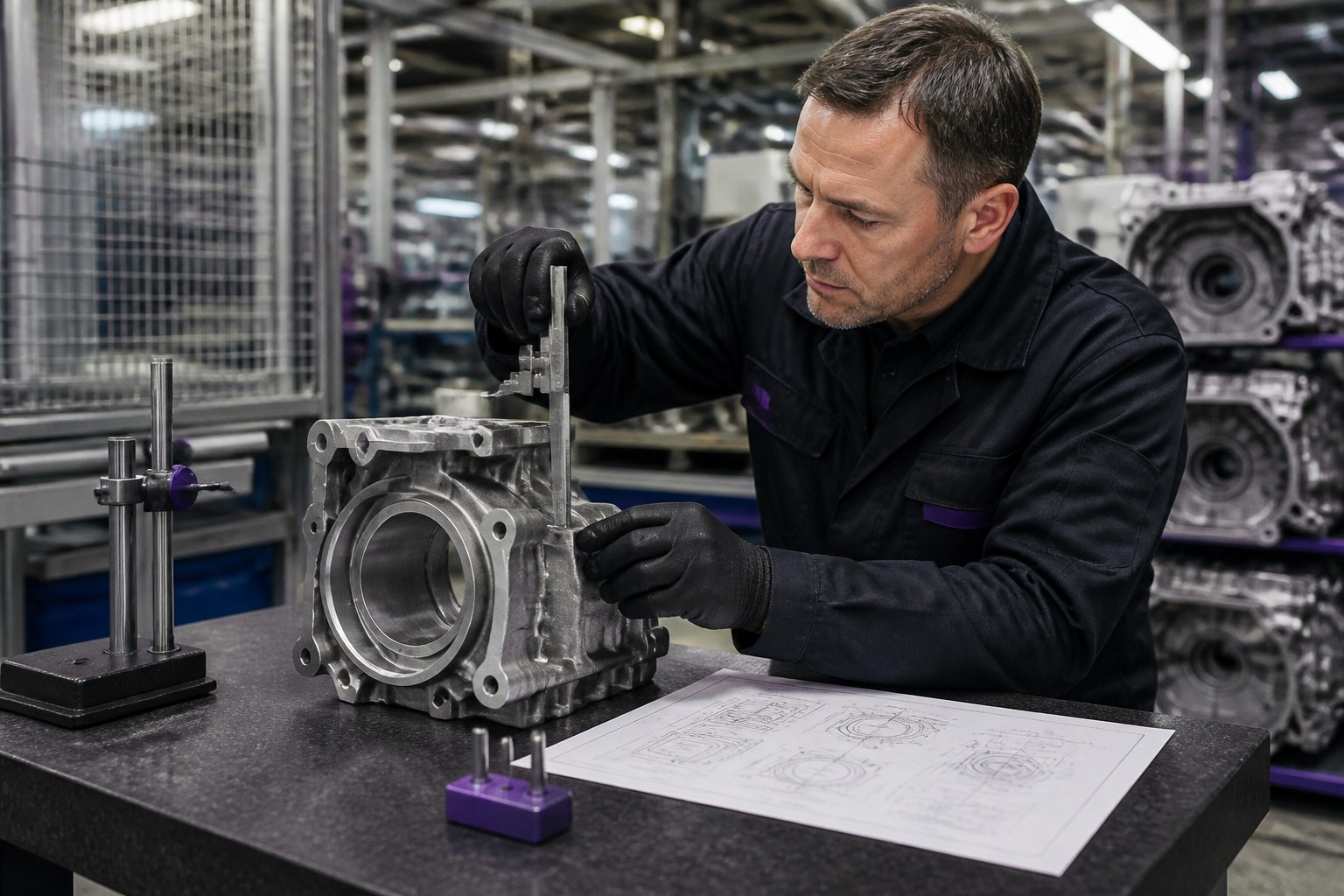 Qualitätsprüfer untersucht eine Fahrzeugkomponente mit Messgeräten an einer Prüfstation in der Automobilproduktion