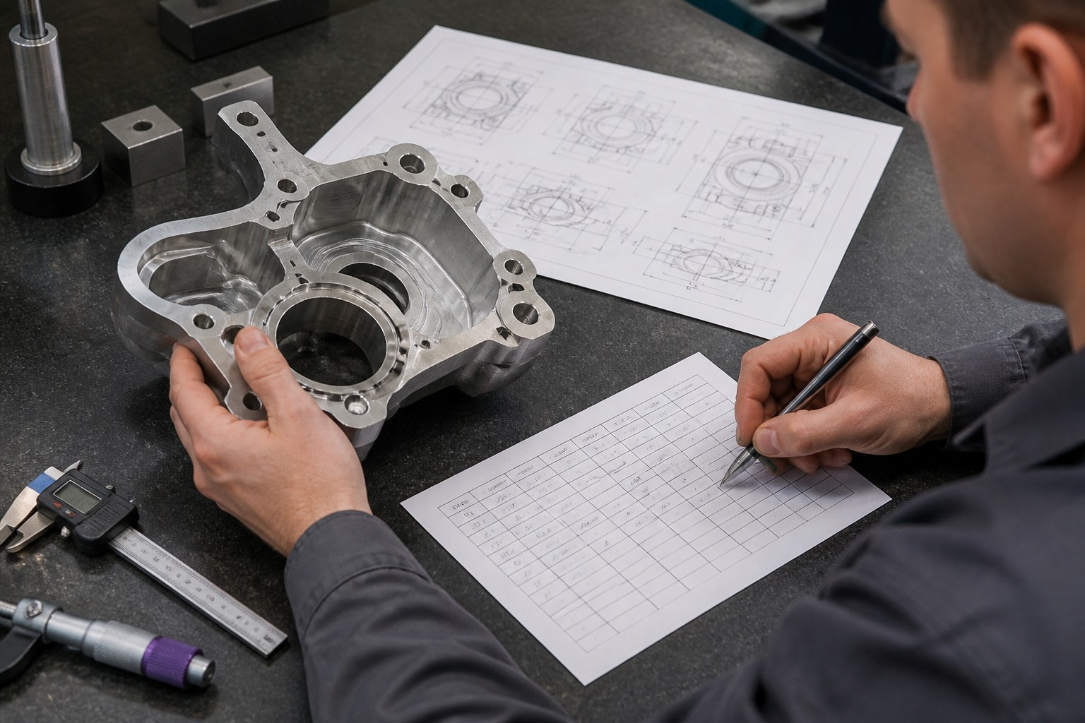 Nahaufnahme eines Qualitätsprüfers im Automobilbereich beim Messen eines Metallbauteils und Dokumentieren eines Prüfergebnisses