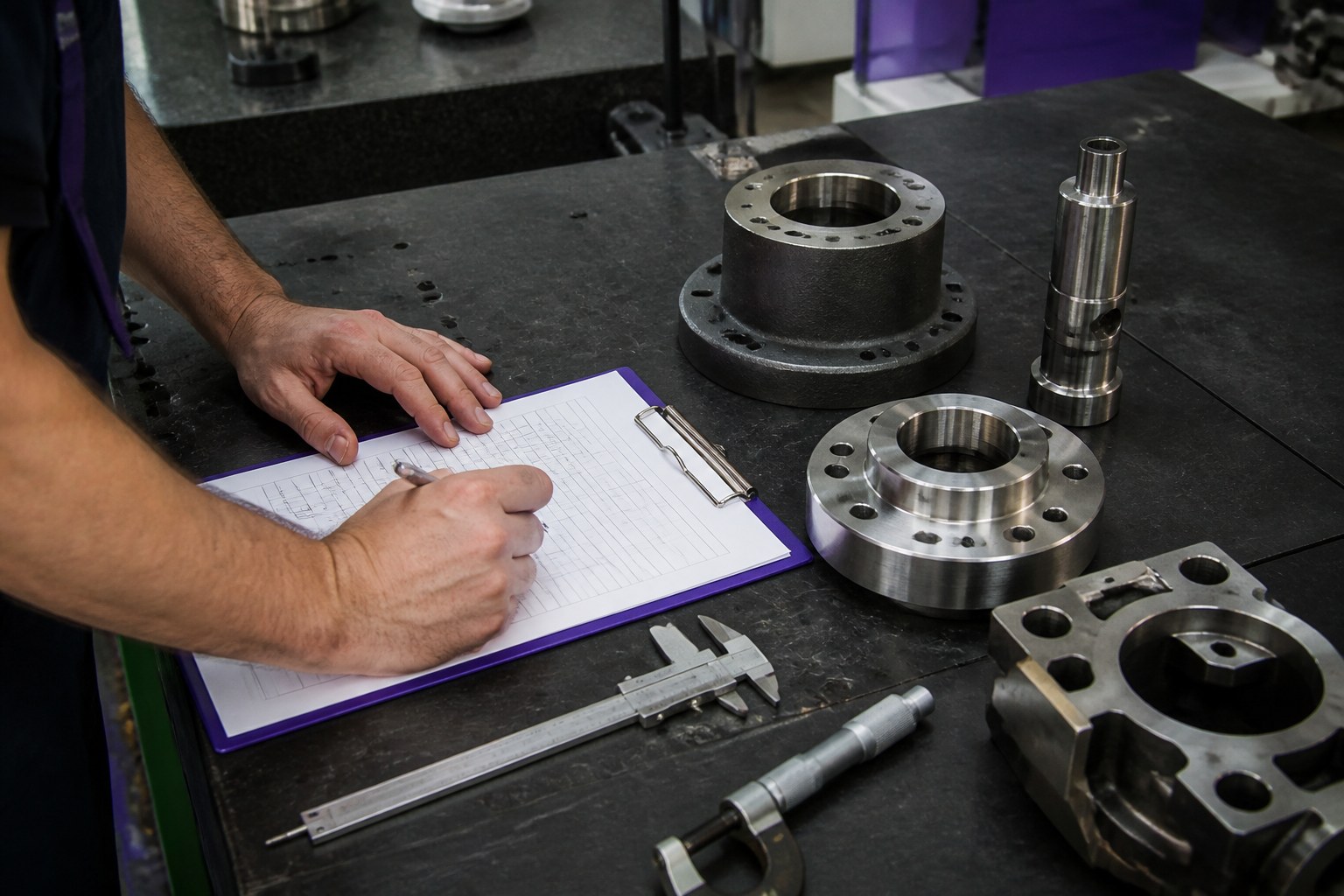 Prüfer dokumentiert Metallprüfergebnisse neben Bauteilen und Messgeräten