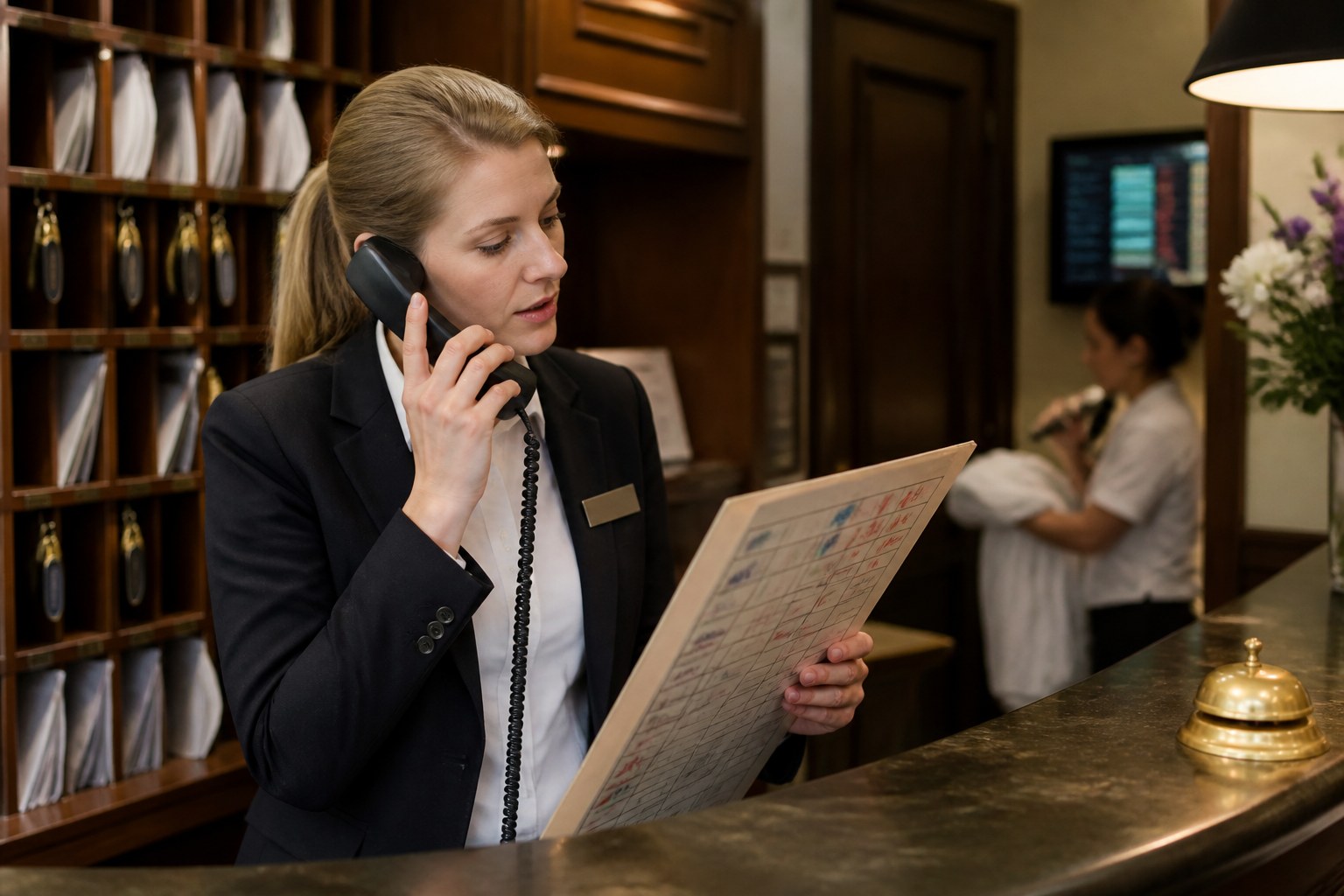 Rezeptionist koordiniert telefonisch ein Anliegen eines Gastes und prüft Reservierungen