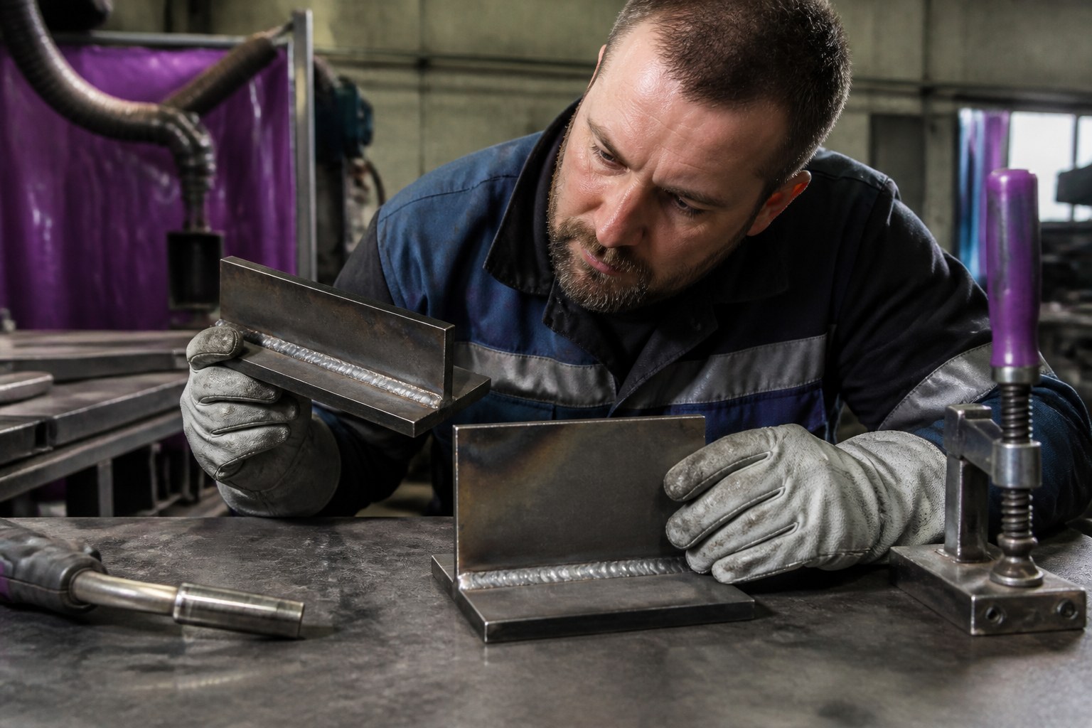 Schweißer prüft eine fertige Metallnaht neben einem vorbereiteten Metallwerkstück