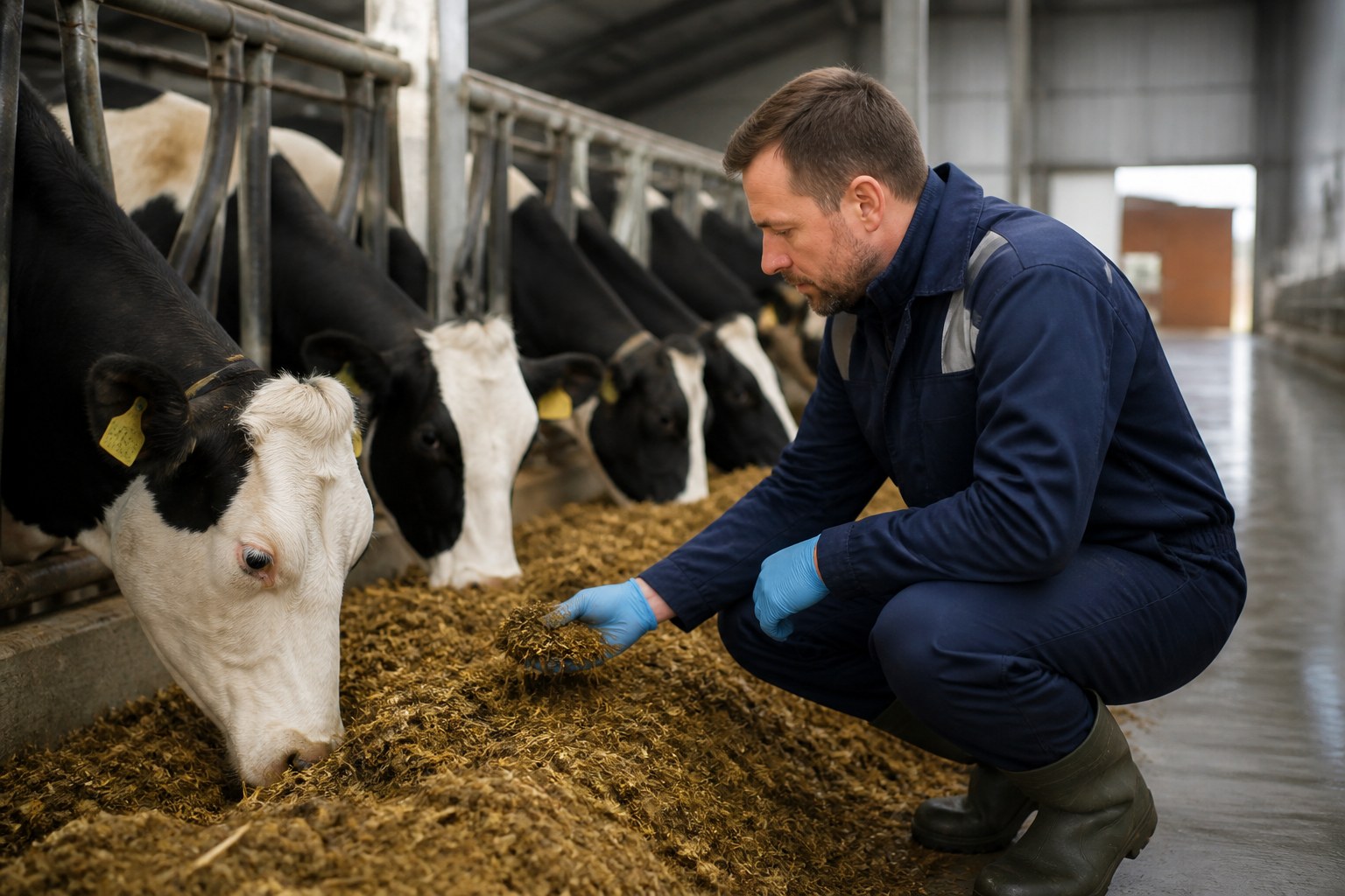 Stallmitarbeiter bei der Kontrolle von Tieren und Futter im Stall