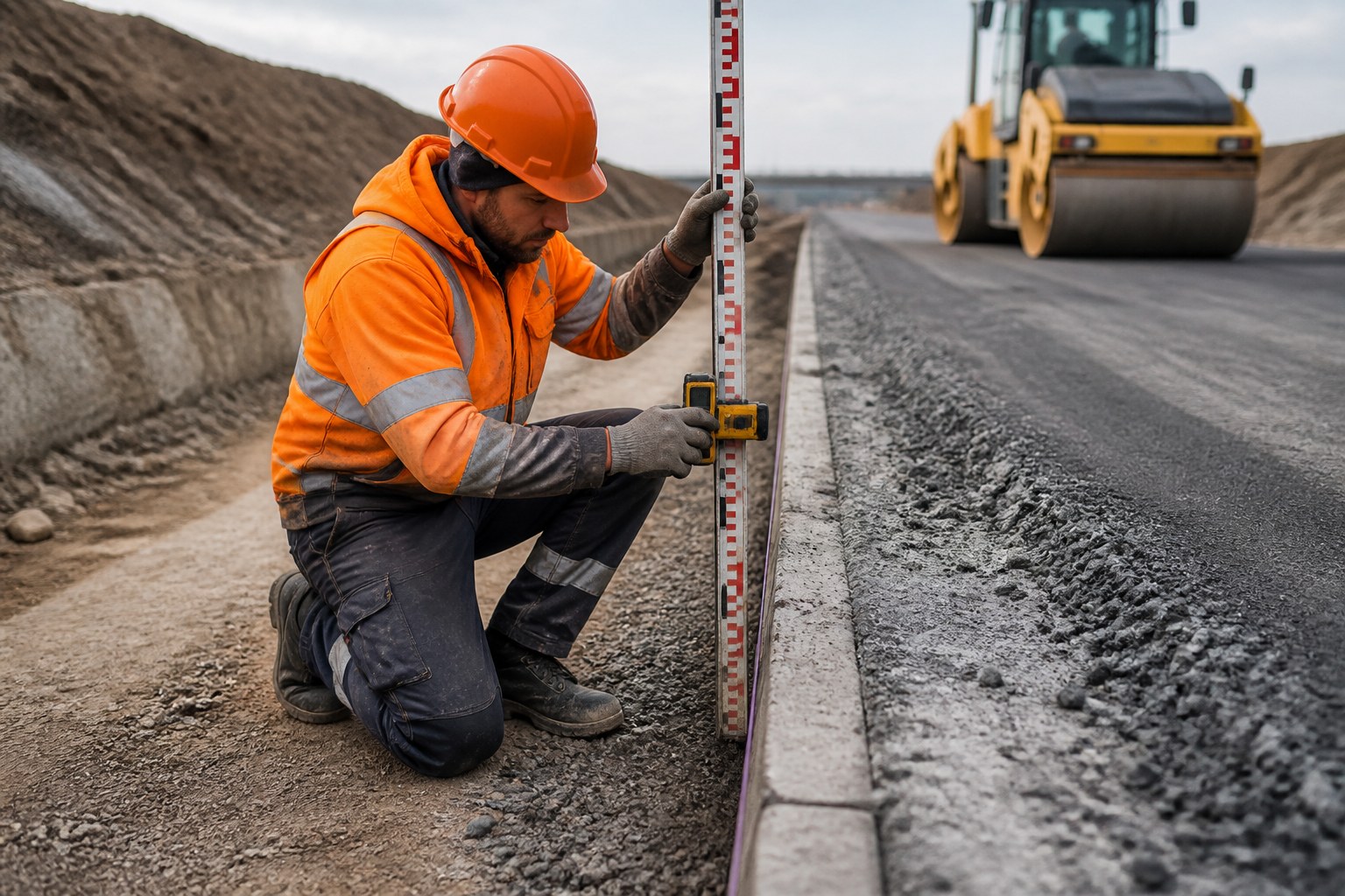 Straßenbauer führt eine präzise Messarbeit am Rand einer Baustelle aus