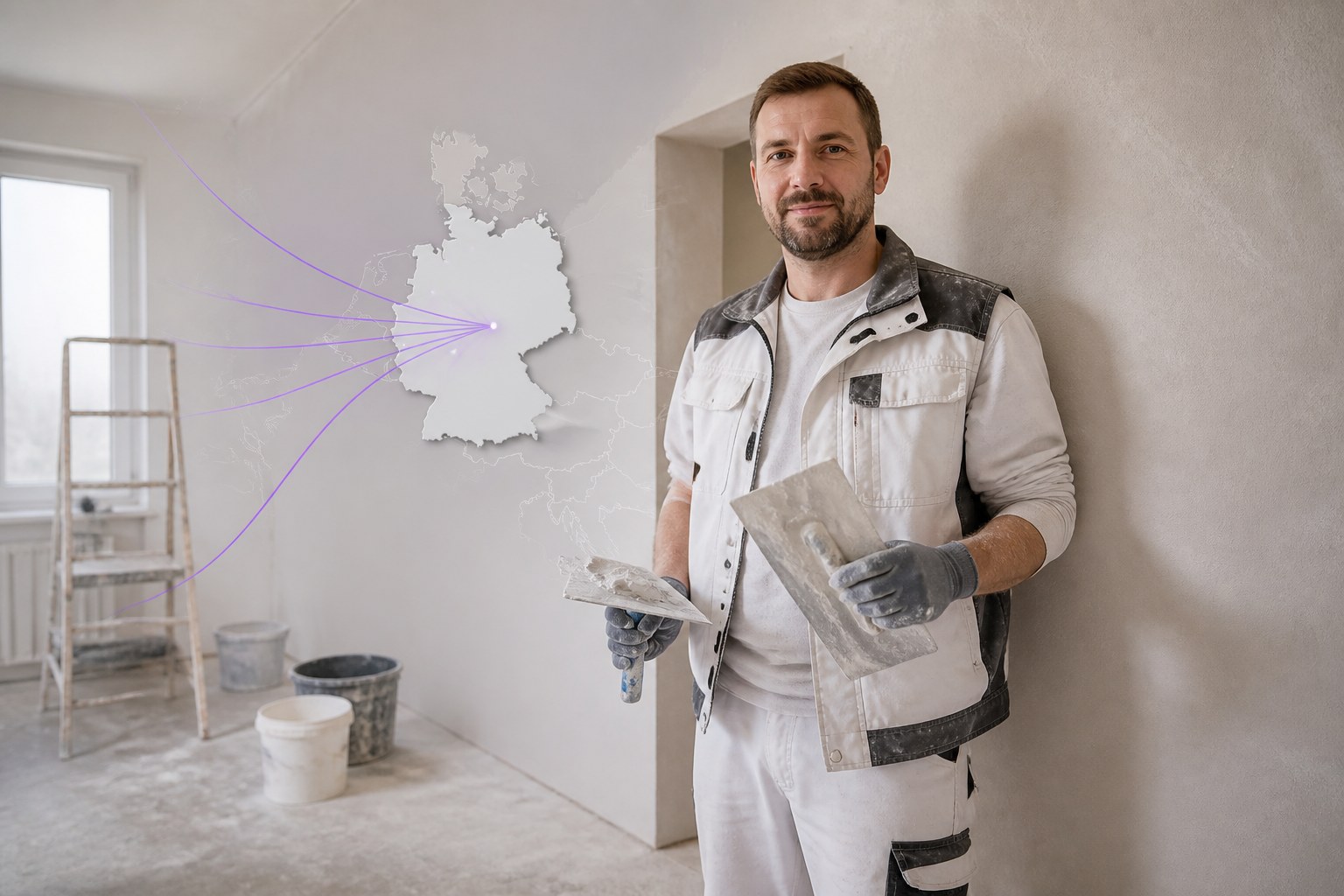Verputzer neben einer fertigen Wand mit einer dezenten Deutschland-Umrisslinie im Hintergrund