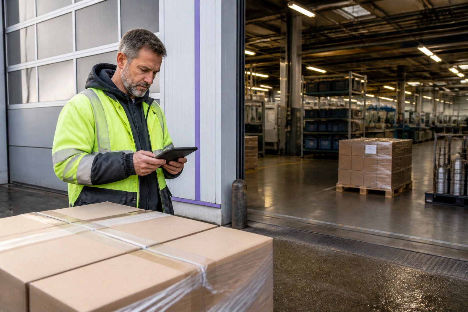 Wareneingangsprüfer arbeitet zwischen einem Bereich für eingehende Lieferungen und einer Industrieanlage