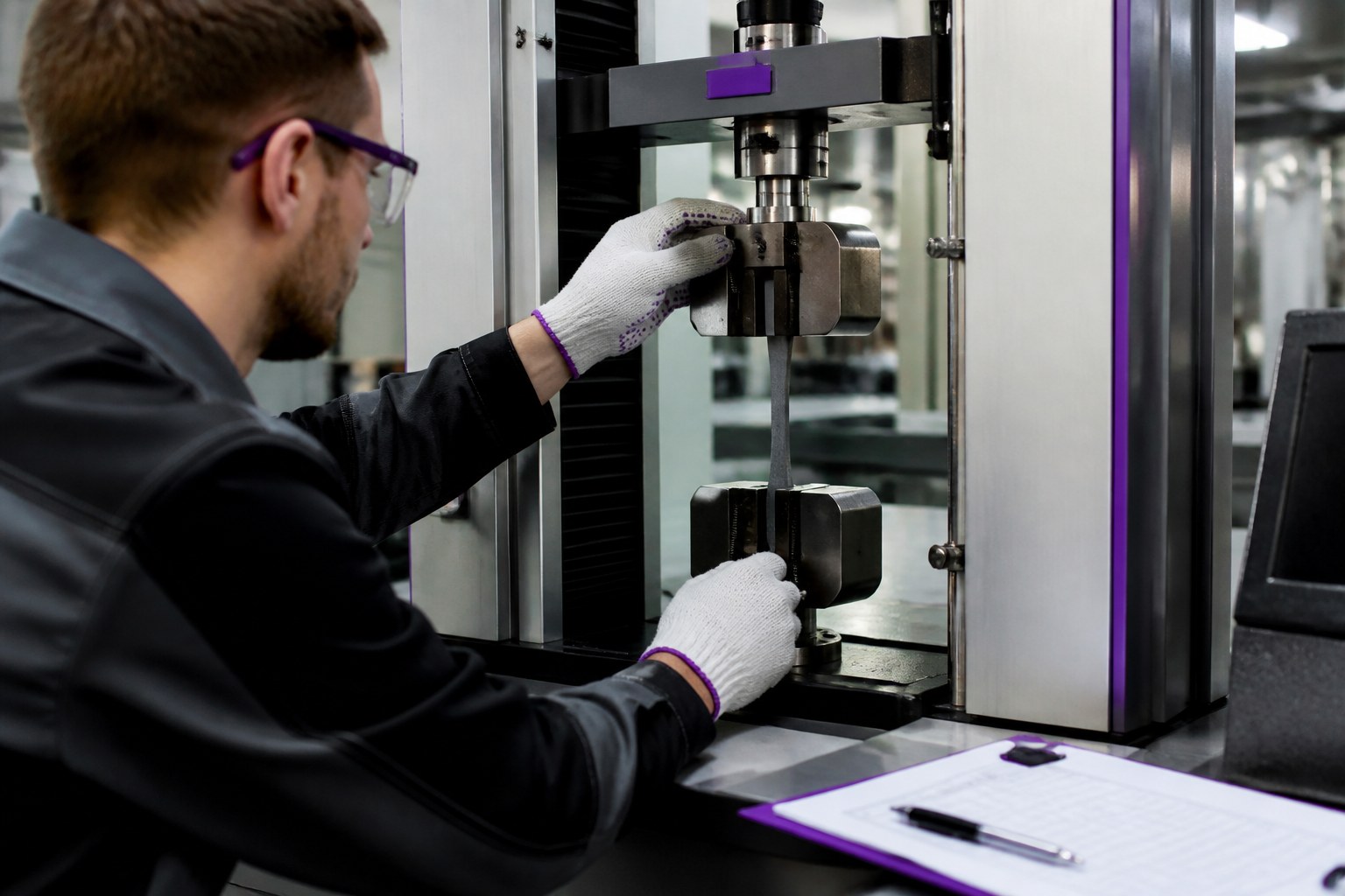 Werkstoffprüfer mit Handschuhen positioniert eine Probe in einer mechanischen Prüfmaschine