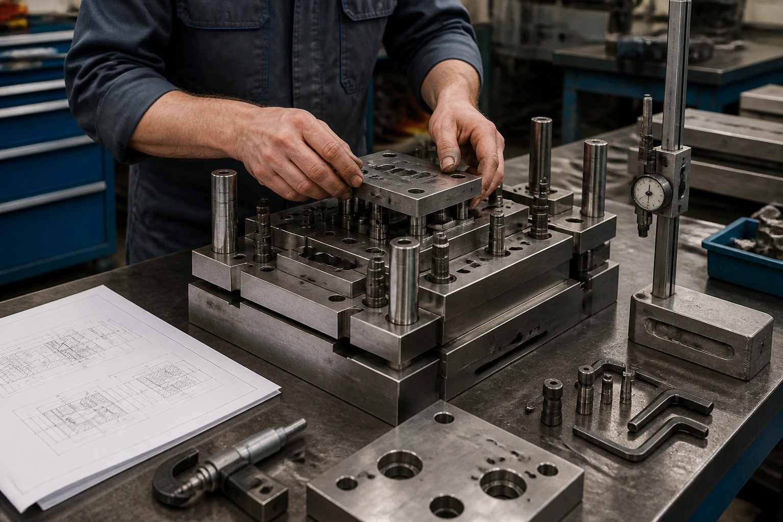 Werkzeugmechaniker montiert und justiert ein mehrteiliges industrielles Stanzwerkzeug mit Messinstrumenten