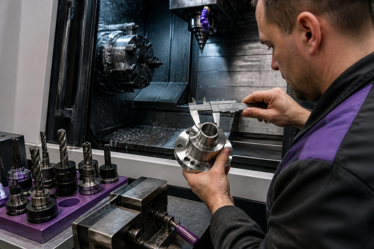 Zerspanungsmechaniker misst ein frisch bearbeitetes Metallbauteil neben einer geöffneten CNC-Maschine