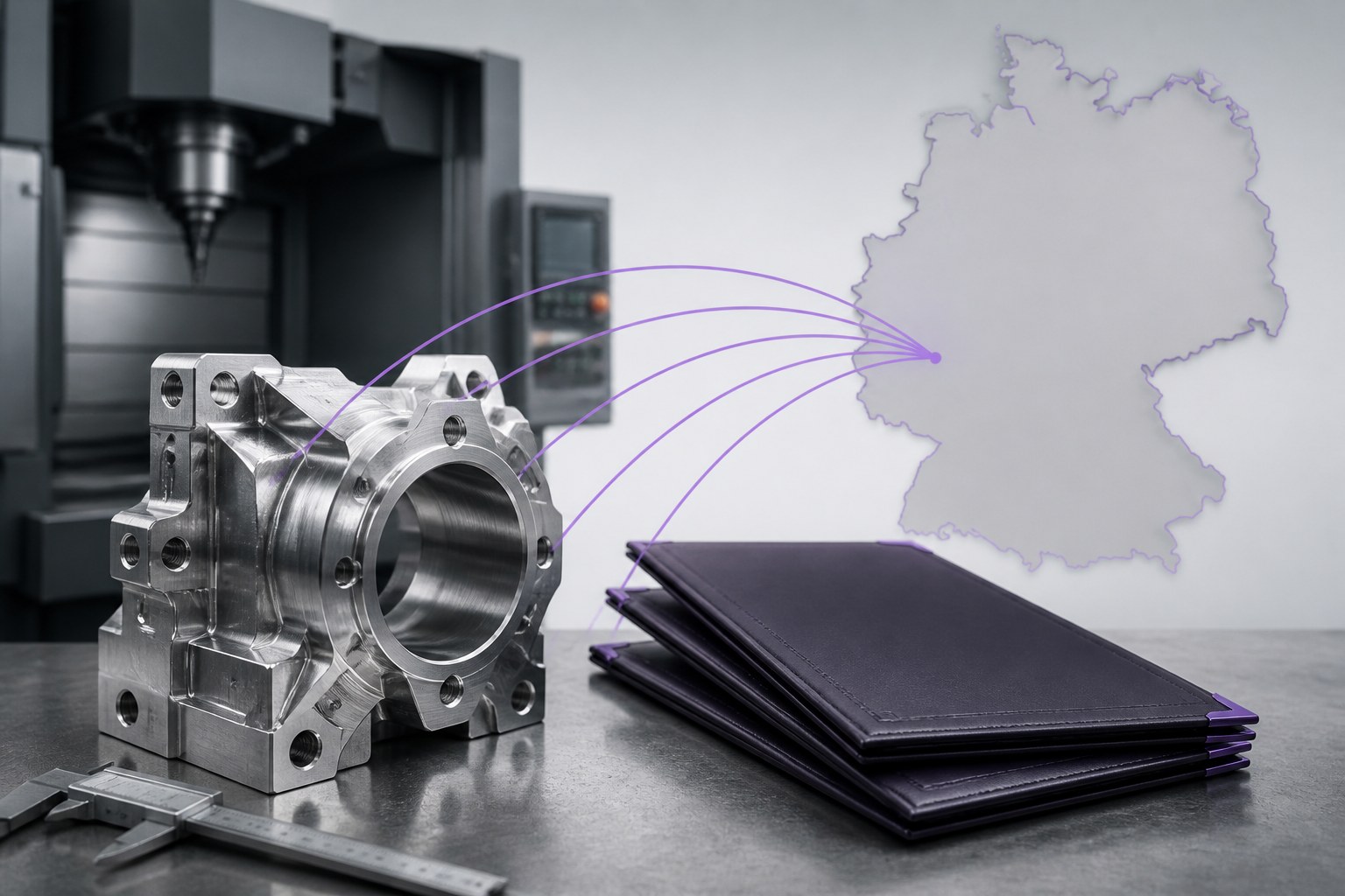 Redaktionelle Illustration zur Verbindung von CNC-Qualifikationen und technischen Dokumenten mit einer Beschäftigung in Deutschland