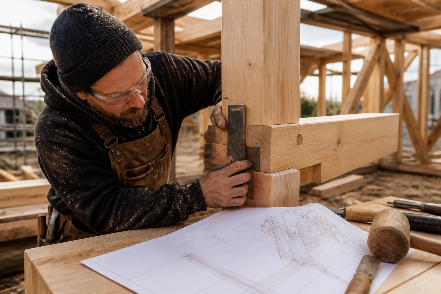 Zimmerer beim Prüfen einer Holzverbindung anhand einer Bauzeichnung